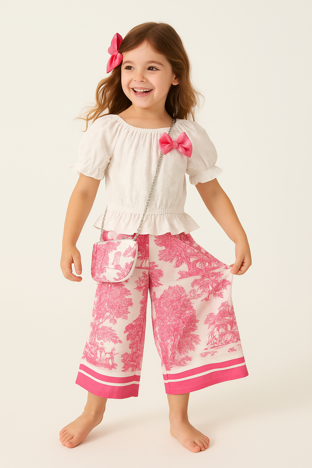 Meisjes set met witte top en blauwe printbroek – inclusief schoudertasje