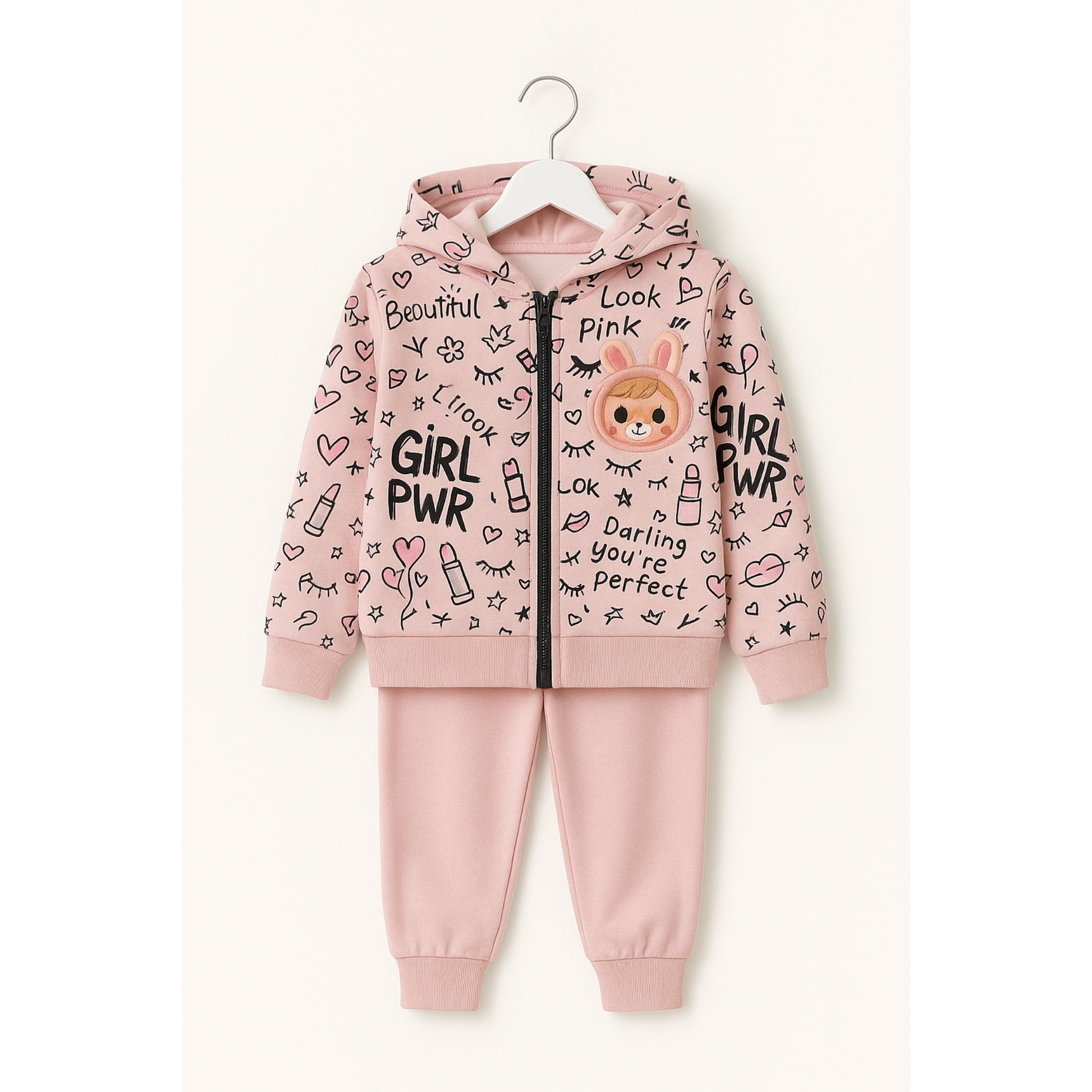 Meisjes joggingpak roze – hoodie met GIRL PWR print en bijpassende broek