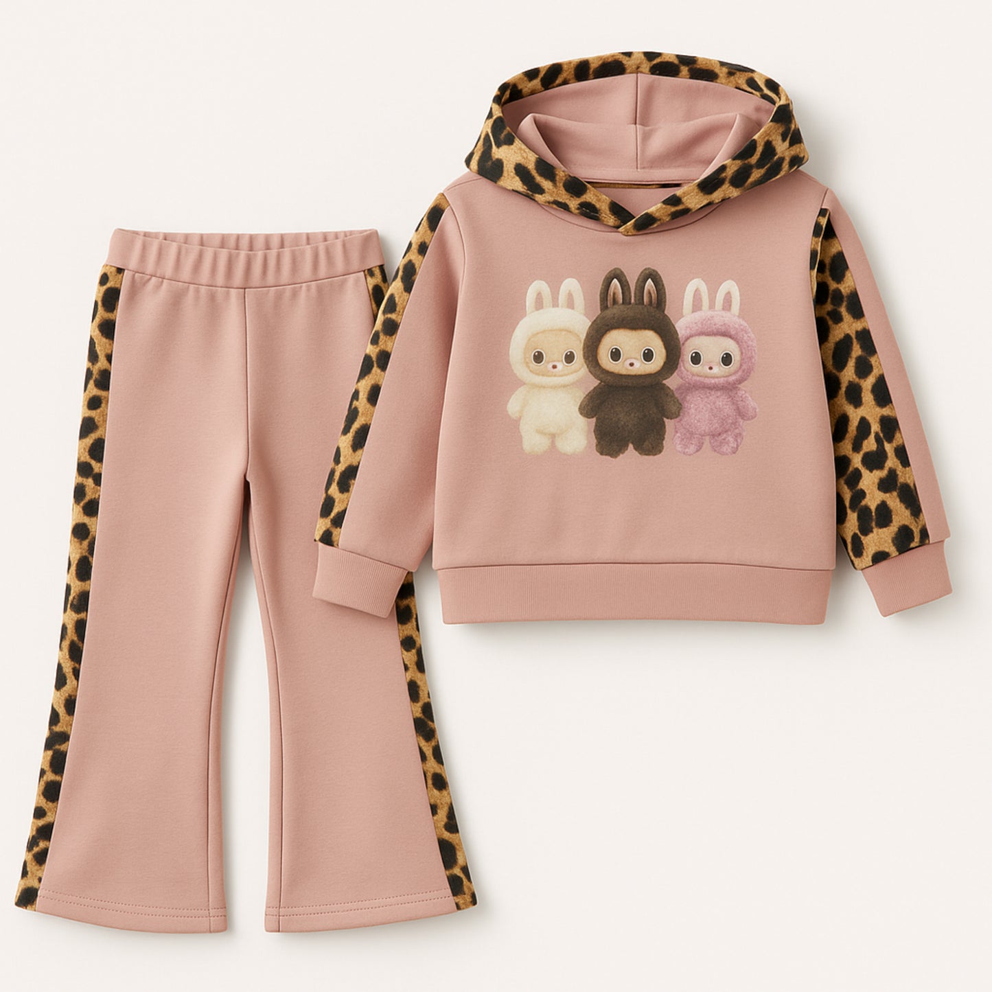 Meisjes joggingpak roze - bruin – hoodie met konijnenprint en leopard details
