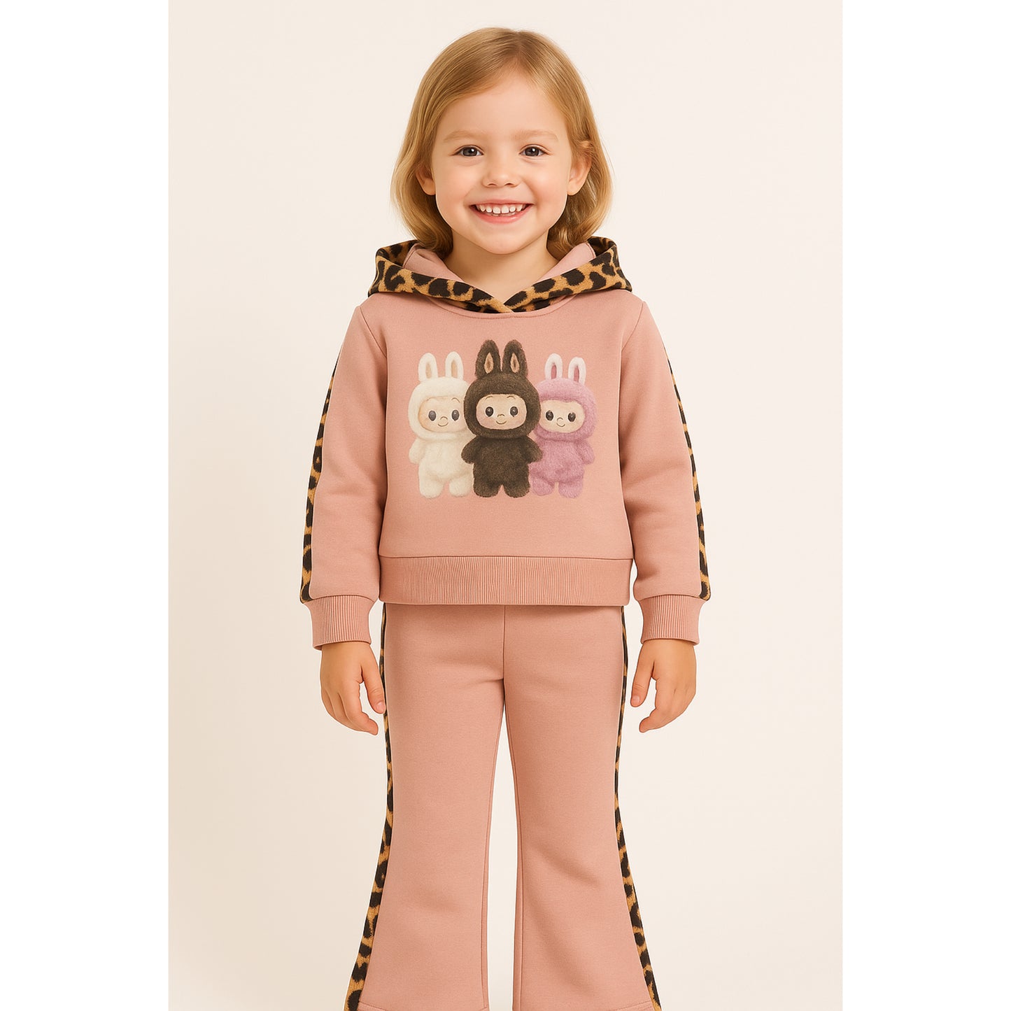 Meisjes joggingpak roze - bruin – hoodie met konijnenprint en leopard details