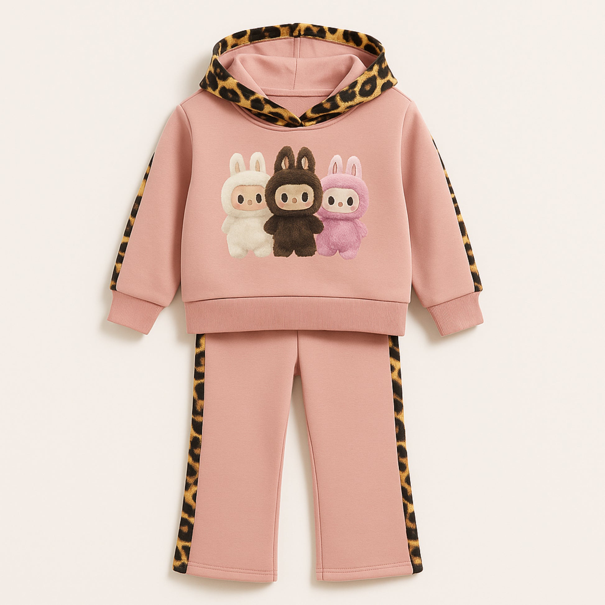 Meisjes joggingpak roze - bruin – hoodie met konijnenprint en leopard details